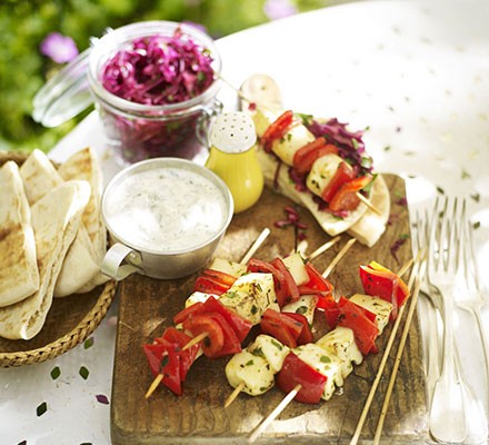 Halloumi & pepper kebabs with lemony cabbage salad