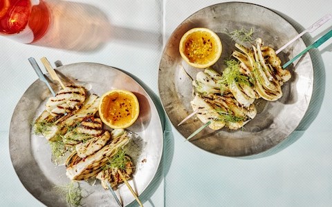 Halloumi and fennel kebabs with orange, chilli and honey