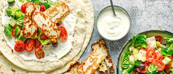 Halloumi and Greek salad wraps