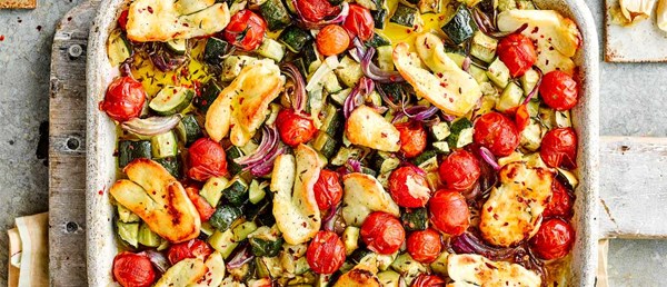 Halloumi and Mediterranean veg traybake