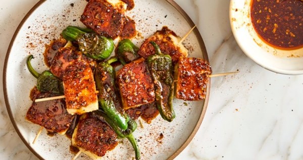 Halloumi and Padron skewers with sweet and smoky honey drizzle