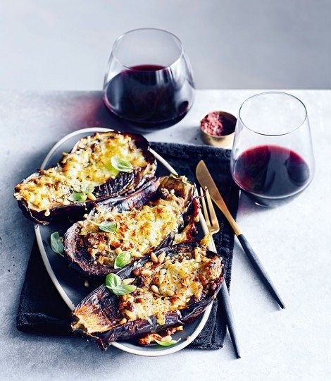 Halloumi and pesto roasted aubergines