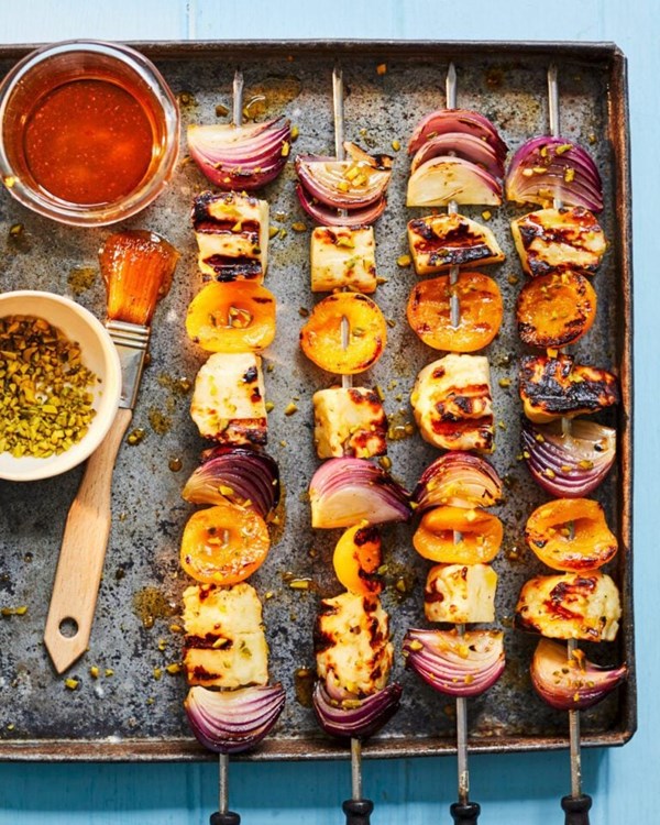 Halloumi, apricot and pistachio skewers 