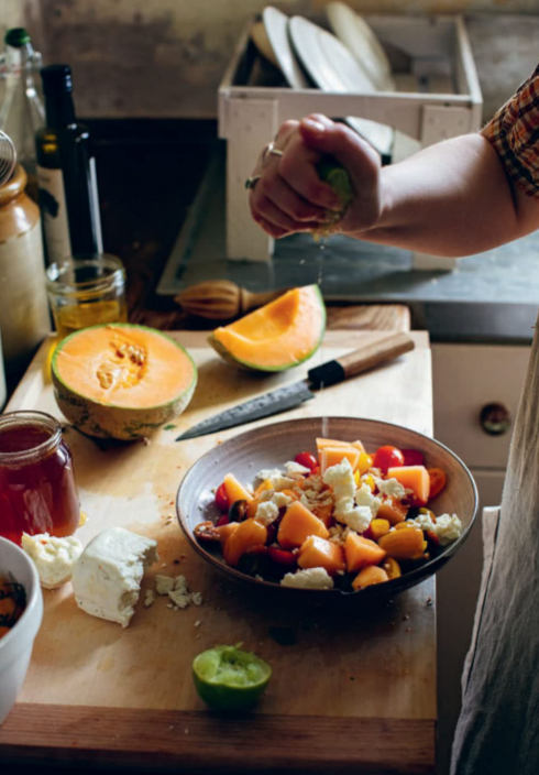 Halloumi, melon and tomato salad with chilli