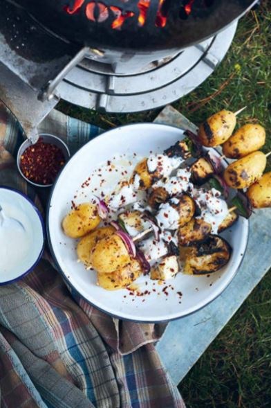 Halloumi, potato and jalapeño skewers with sour cream
