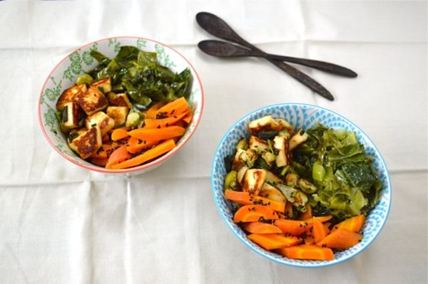 Halloumi rice bowl with ginger carrots and caraway cabbage