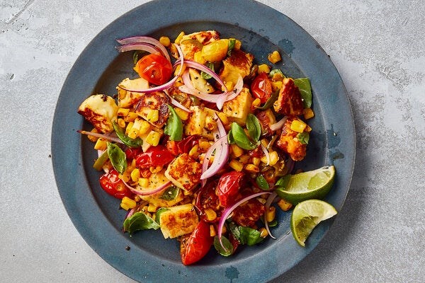 Halloumi with corn, cherry tomatoes and basil 