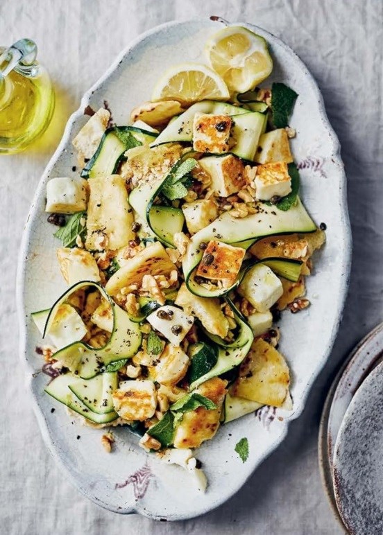 Halloumi with raw courgettes, fried capers, lemon and mint