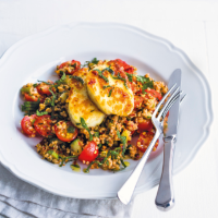 Halloumi with tomato and herb bulgar wheat salad