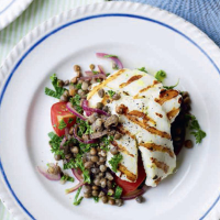 Halloumi with warm lentil salad