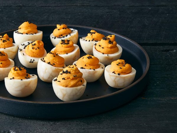 Halloween deviled tea eggs