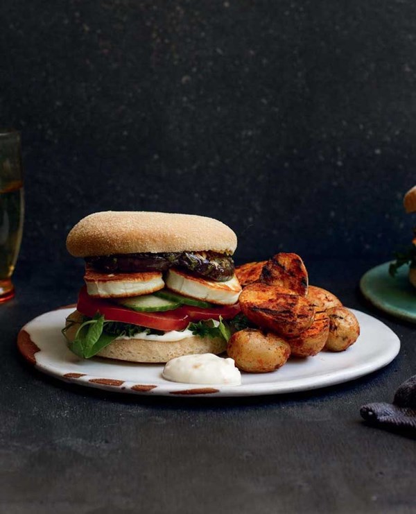 Haloumi & grilled eggplant burgers with smoky potatoes & preserved lemon aioli