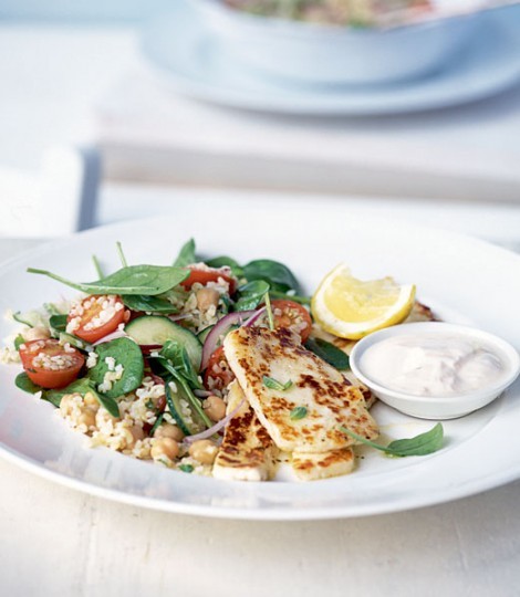 Haloumi and bulgur salad with harissa dressing