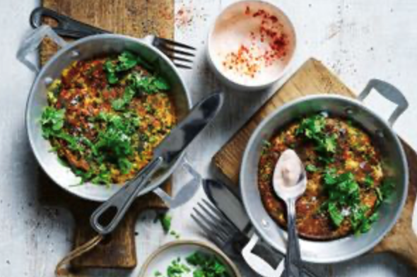 Haloumi and pea fritters with smoked paprika yoghurt