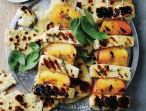 Haloumi and peach skewers with yoghurt pita bread