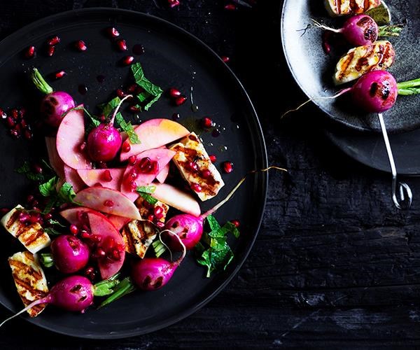 Haloumi and radish skewers with apple and pomegranate