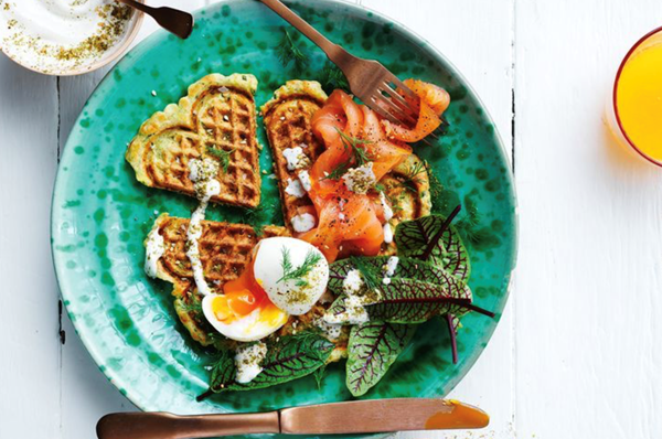 Haloumi and zucchini waffles with smoked salmon and eggs