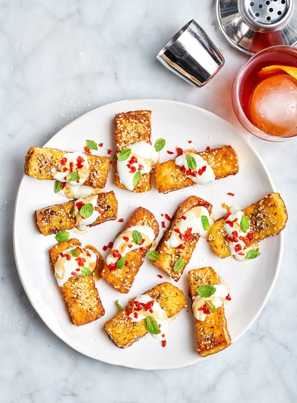 Haloumi dukkah fries with yoghurt and pomegranate molasses