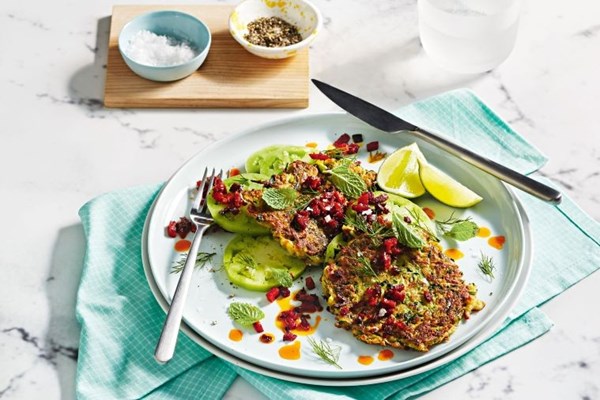 Haloumi, oat & zucchini fritters with crispy chorizo