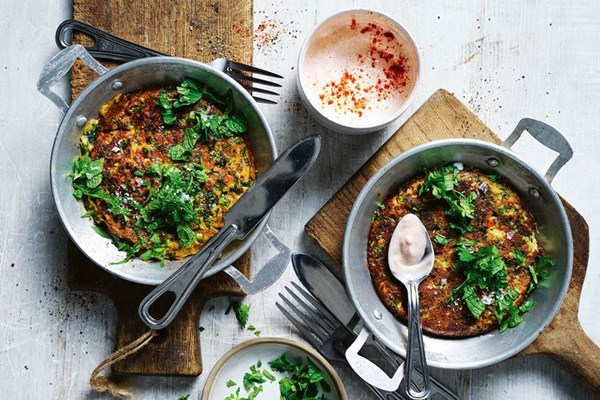 Haloumi, pea and spinach fritters with smoked paprika yoghurt