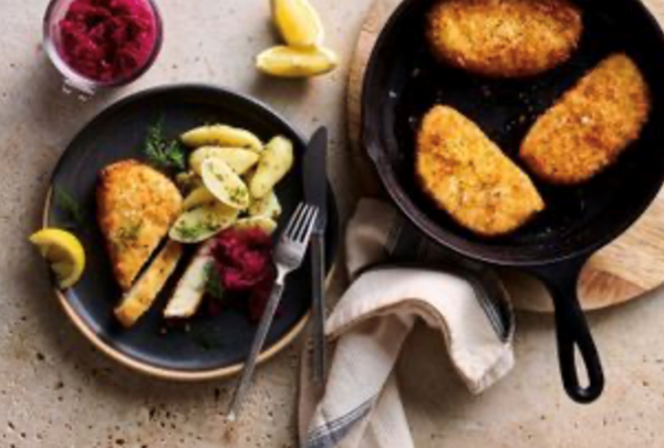 Haloumi schnitty with potato salad