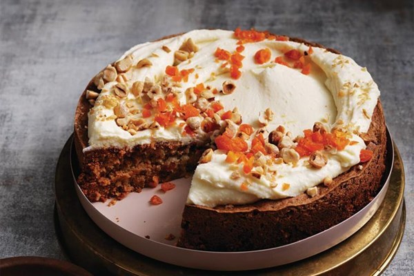 Halva, dried apricot and hazelnut meringue cake