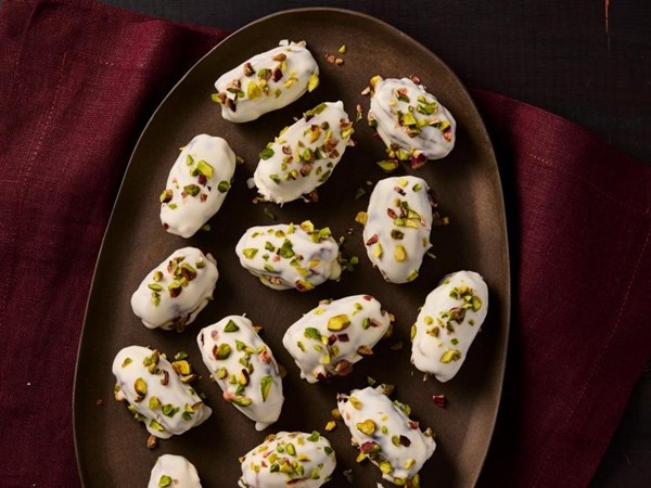 Halvah-stuffed dates with pistachios