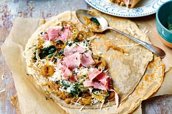 Ham & cheese buckwheat crepes with cider onions