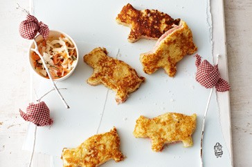 Ham & cheese French toast pigs with stick & straw coleslaw