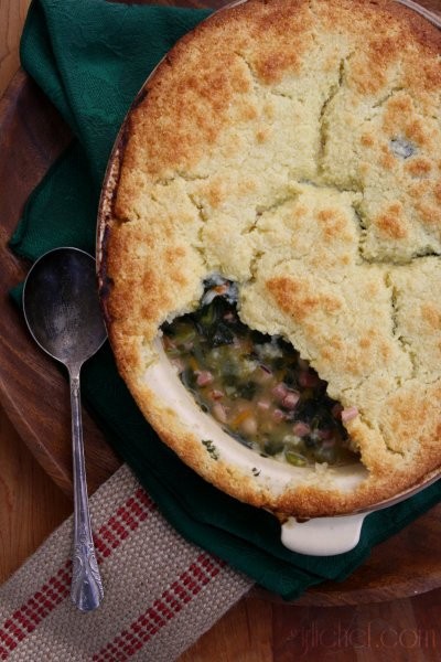Ham & greens pot pie with cornbread crust