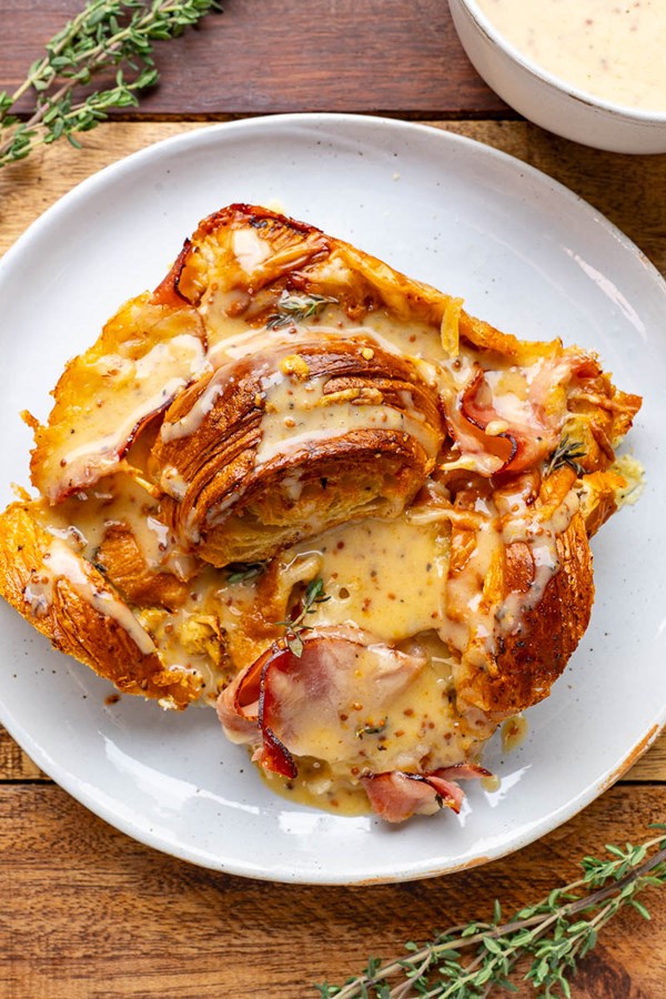 Ham and cheese croissant casserole with honey mustard sauce