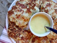 Ham and cheese potato pancakes with honey mustard sauce