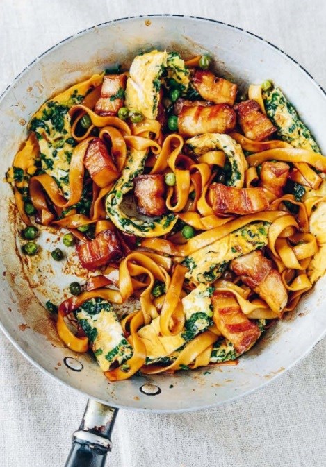 Ham and green eggs noodles 