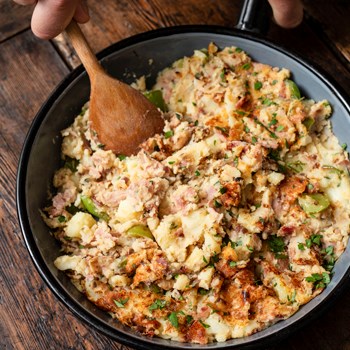 Ham and potato hash with poached eggs