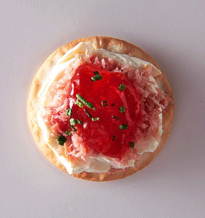Ham, cream cheese, and red pepper jelly canapés