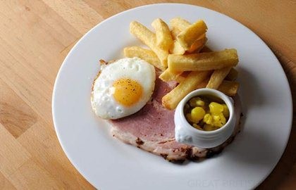 Ham, egg and chips with piccalilli