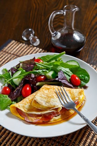 Ham, egg and Gruyere crepes with maple syrup