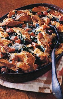 Ham, Fontina, and spinach bread pudding