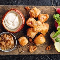Ham fritters with cheese fondue