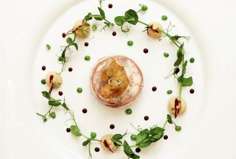 Ham hock ballotine (Ham hock and guinea fowl ballotine with pease pudding and scampi fritter)