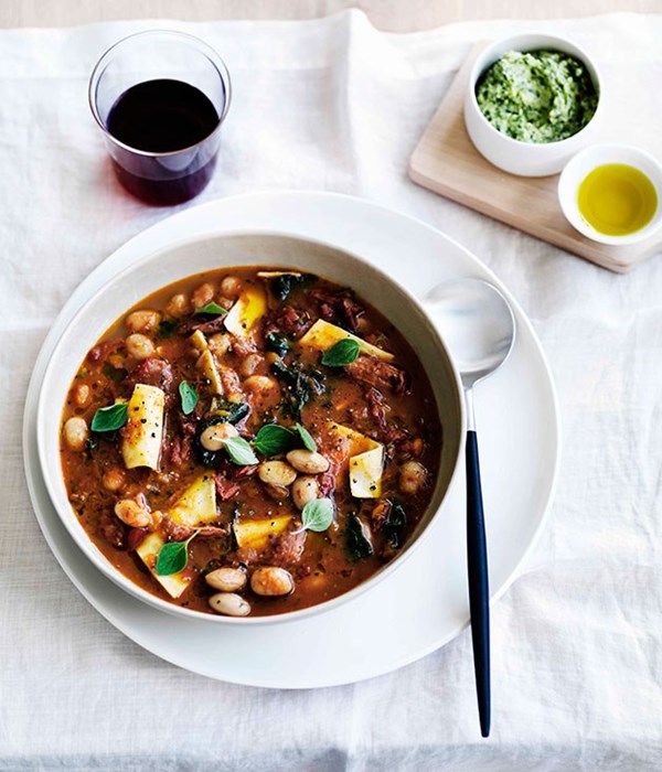 Ham hock, borlottti bean and pasta minestra with battuto lardo