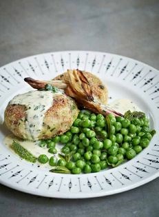 Ham hock potato cakes with minted peas, shallots & parsley cream