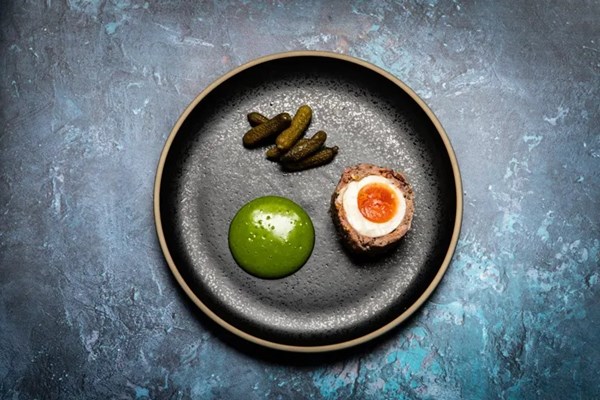 Ham hock terrine with a jammy egg and parsley mayonnaise
