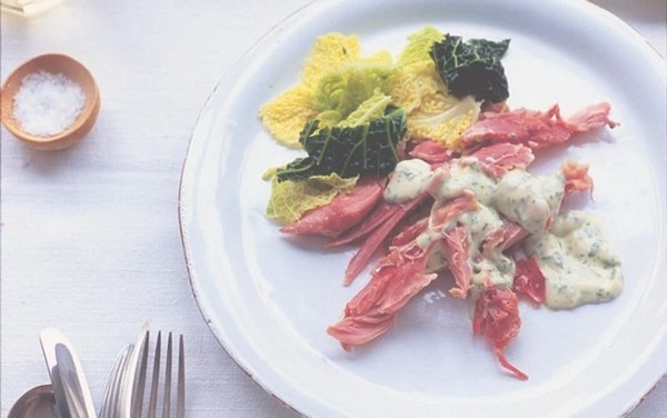 Ham hock with parsley sauce and cabbage