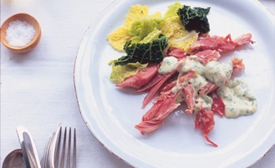 Ham hock with parsley sauce and cabbage