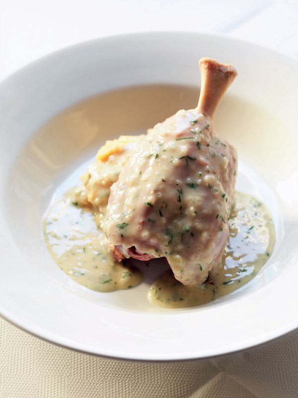 Ham hock with pease pudding and Tewkesbury mustard sauce
