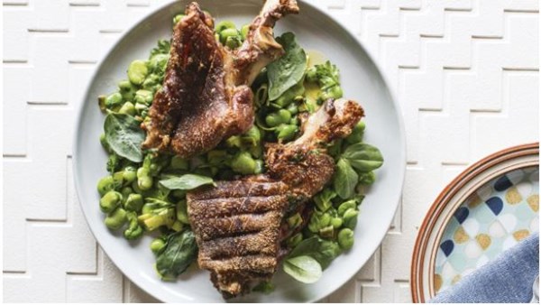Ham hocks with broad beans and green garlic