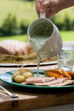 Ham in hay with parsley sauce
