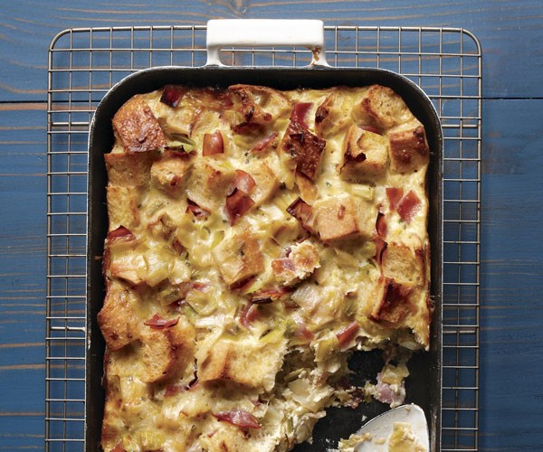 Ham, leek, and cheese bread pudding