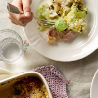 Ham, leek, thyme and mushroom bake